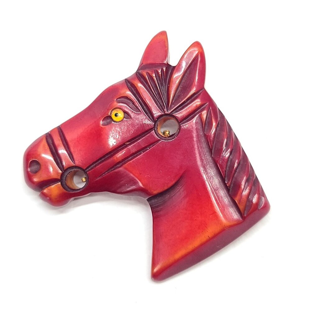 Old Red Bakelite Horse Head Brooch Carved Figural Equestrian Pin, Western Animal